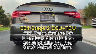 034MOTORSPORT STAGE 2 AUDI S4 B9 CATLESS EXHAUST NOTE AND BURBLE OVERRUN [upl. by Nauaj]