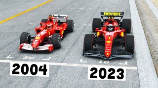 Ferrari F1 2023 vs Ferrari F1 2004 Schumacher  Imola GP [upl. by Seiuqram]