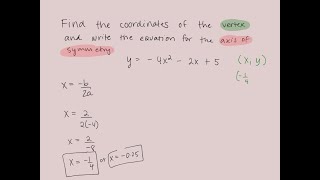 point Find the axis of symmetry and vertex of the quadratic function y  042 52  5 Axis of sy… [upl. by Elayor]