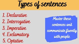 Sentences types Declarative Interrogative Imperative Exclamatory Optative  Daily use sentences [upl. by Scoles]