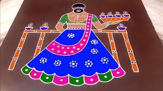 Woman Rangoli 10X4 Dots  Karthigai deepam special muggulu  Pongal kolam  Pulli kolam [upl. by Josephina]