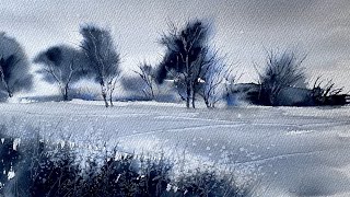 USE SALT amp 1 COLOR Paint Loose WINTER TREES FROSTY Watercolor Landscape Painting Watercolour DEMO [upl. by Lledor]