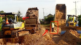 The Bulldozer Komatsu D41P 2024 was pushing the soil during the dump truck unloading amazingly [upl. by Atibat]