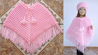 Como tejer el poncho N°28 a crochet en punto PANAL DE ABEJA para niñas y con lana gruesa paso a paso [upl. by Welcy230]