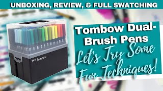 TOMBOW DUALBRUSH PENS  Unboxing Review Full Swatching amp SHARING SOME COOL TECHNIQUES [upl. by Nyrroc928]