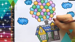 Cute Drawing FLYING HOUSE BALLOON UP house of balloons draw balloon [upl. by Herriott]