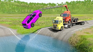 Double Flatbed Trailer Truck vs Speedbumps Train vs Cars Tractor vs Train BeamngDrive 936 [upl. by Hough]