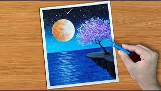 Oil Pastel drawing for beginners  moon light night scenery shorts [upl. by Tamberg]