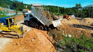 Small Project Completed 100 Landfill in Corner Dozer Pushes Cut Slope Road With 10 Wheels Trucks [upl. by Svensen]