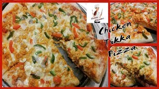 Chicken Tikka Pizza Recipe without oven  homemade dough and cheesy pizza by Naan khatai UrduHindi [upl. by Kirkwood]