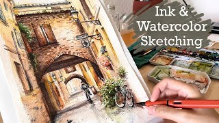 Sketching a street scene in Italy  Ink amp Watercolor Tutorial  Adding depth to drawings [upl. by Anirahc]