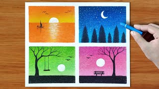 Beautiful 4 Different Scenery Drawing  Easy Oil Pastel Drawing  Step by step [upl. by Eniamrehs]