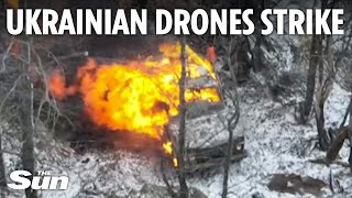 Ukrainian kamikaze drones blow up fleeing Russian camouflaged vehicle [upl. by Sidalg]