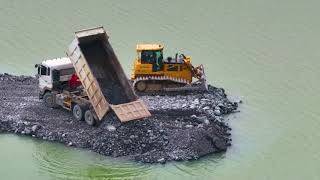 Incredible SHANTUI and Wheel Loader SDLG Push Rock And Sand In lake with SHACMAN Transporting Rock [upl. by Sihon]