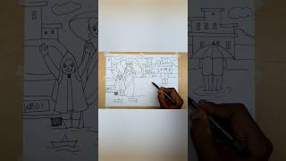 How to draw Rainy DayMonsoon drawingRainy season drawing for kidsPaper boat in Rain [upl. by Nickelsen]