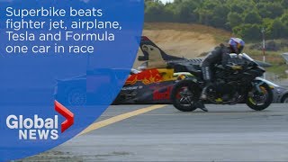 Superbike wins race against fighter jet aircraft Tesla and Formula one car [upl. by Godwin25]