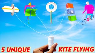 5 New and Unique Kite Flying  how to make kite  spinning kit Boat kite Box kite Cycle kite Patang [upl. by Kayne900]