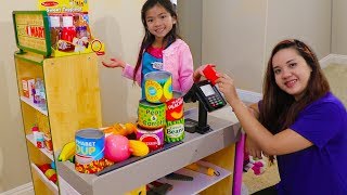 Emma Pretend Play Shopping with Giant Grocery Store Super Market Toy [upl. by Gschu]