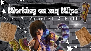 Working On My Crochet and Knit Wips Part 2  glovesscarf button up set and knee high socks [upl. by Nytram]