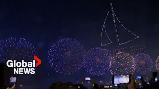 New Years 2024 Ras Al Khaimah enters New Year with magical drones fireworks and pyro show [upl. by Elidad]