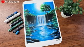 Moonlight Waterfall Nature Scenery Drawing for Beginners  Oil Pastel Drawing [upl. by Atinuj]