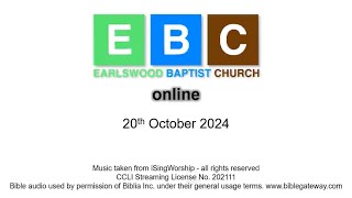 Earlswood Baptist Church Online 20th October 2024 [upl. by Nirek]