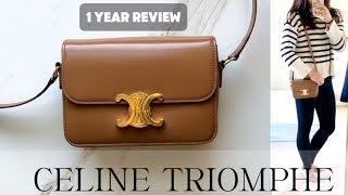 CELINE TRIOMPHE BAG  1 year review  still WORTH IT Wear and tear  what fits celine handbags [upl. by Shir443]