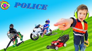 Lawn Mower Video for Kids  Blippi Toy Garbage Truck Police  min min playtime [upl. by Shu]