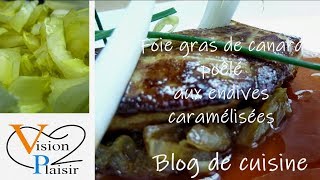 La réalisation dun foie gras de canard poêlé aux endives caramélisées et au pineau [upl. by Harewood]