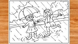 How To Draw Two Cute Girl Playing In Rain  Rainy Season Drawing  Rainy Day Drawing  Monsoon Scene [upl. by Nnairret857]