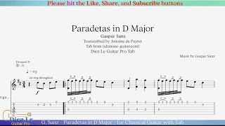 G Sanz  Paradetas in D Major  for Classical Guitar with Tab [upl. by Elleynod]