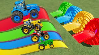 MINI amp BIG TRACTOR vs SLIDE COLORS with PORTAL TRAP  TRACTORS vs DEEP WATER FS22 [upl. by Aleemaj]