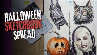 HALLOWEEN SKETCHBOOK spread  spooky season drawings using watercolours [upl. by Heron]