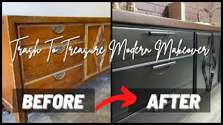 Extreme CREDENZA TRANSFORMATION using black paint and stain  DIY furniture flip MAKEOVER [upl. by Xino]