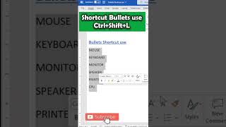 Shortcut Bullets use in MS Word shortvideo words [upl. by Namhcan]