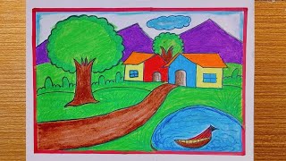 Oil pastel drawing  oil pastel drawing for beginners  how to draw scenery  oil pastel scenery [upl. by Bevus]