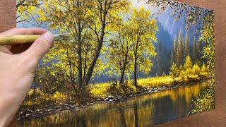 Acrylic landscape painting process  Forest landscape by the water  Art painting  A Lu Art [upl. by Nimzay277]