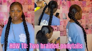 HOW TO Two braided ponytails hair tutorial w braiding hair added [upl. by Iaht958]