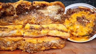 ASMR EXTRA CHEESY PHILLY CHEESESTEAKS PHILLY CHEESESTEAK POUTINE AND ONION RINGS MUKBANG [upl. by Anifesoj]