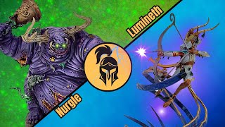 Age of Sigmar 4th Edition Lumineth vs Nurgle The Light of Hysh vs The Mountain of Loathsome Flesh [upl. by Jat885]