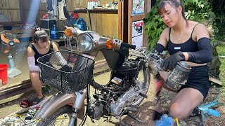 Talented repair girl Cuts motorbike sprockets and repairs a 50cc motorbike to get around [upl. by Erret]