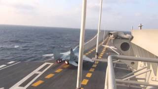 Fighter MiG 29K takes off from the shorter runway on board INS Vikramaditya [upl. by Auj]