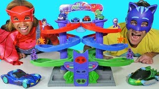 PJ Masks Spiral Playset Race and Toy Challenge  Disney Toy Review  Konas2002 [upl. by Nellak]