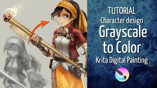 Tutorial Grayscale to Color  Krita Digital Painting  Character design [upl. by Ehtiaf628]