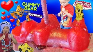 Kid Drinks Jelly from Giant Gummy Bear  Valentines Day Angry Birds Transformers Surprise Part 2 [upl. by Goldina]