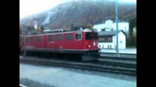 RhB 2012 Güterzug verlässt den Bahnhof Samedan Richtung Albula [upl. by Llehcam460]