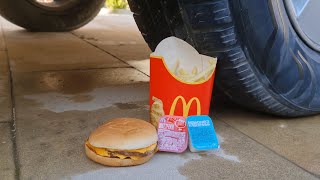 McDonalds Burgers and Fries smashed by car wheel  Running over stuff with a car  ASMR [upl. by Ilke561]