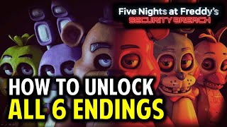 FNAF Security Breach All 6 Endings amp How to Unlock Them GoodBad HappyWorstUnmaskedTrue ENDS [upl. by Hilde]