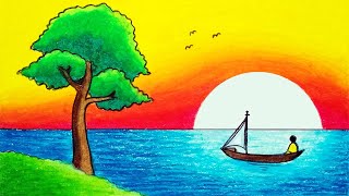 Gambar Pemandangan Matahari Terbenam di Laut Lepas  How To Draw Easy Sunset Scenery For Beginners [upl. by Pfeffer]