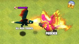 Phoenix Vs All Troops Max Heroes and Defenses  Clash of clans New Pet Gameplay [upl. by Kcitrap]